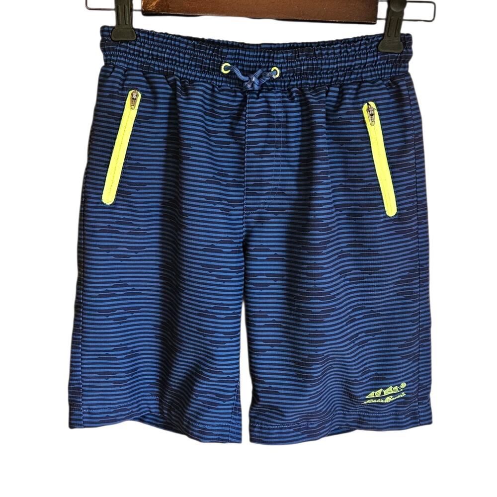 Eddie Bauer Kids S 7/8 Navy Blue Camo Striped Swim Trunks Lime Accent Shorts